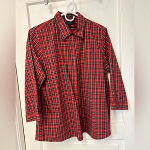 Three-Quarter Sleeve Plaid Button Down Blouse